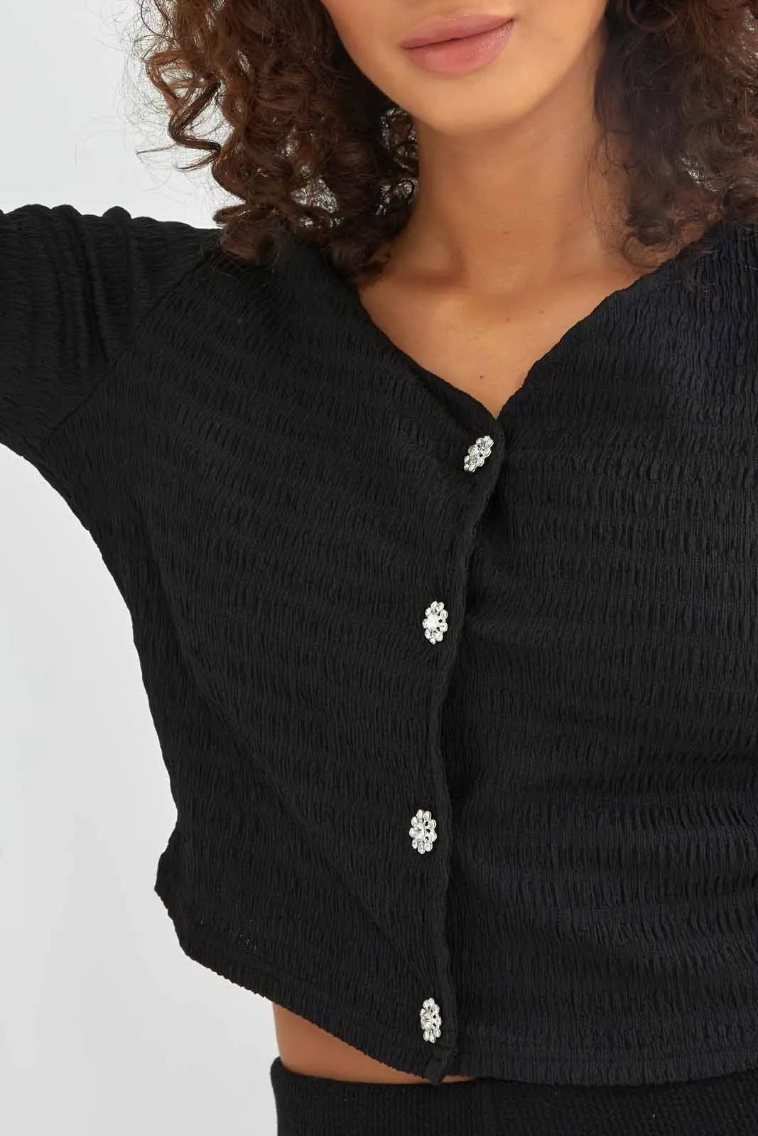 Women Black Front Button Crinkle Cardigan